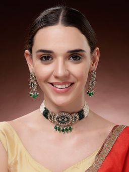 ADIVA - Gold-Plated Green Kundan-Studded Pearl Beaded Jewellery Set