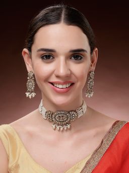 ADIVA - Gold-Plated White Kundan-Studded Pearl Beaded Traditional Choker Jewellery Set