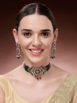 ADIVA - Gold-Plated Ruby Pink and Green Kundan-Studded Pearl Beaded Jewellery Set