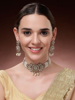 ADIVA - Gold-Plated White Kundan-Studded Pearl Beaded Jewellery Set