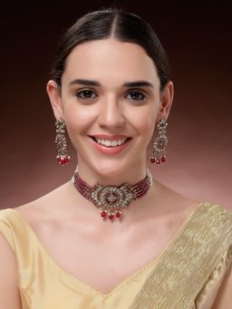 ADIVA - Gold-Plated Ruby Pink Kundan-Studded Pearl Beaded Jewellery Set