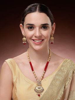ADIVA - 22K Gold-Plated Red Pearl and Stone-Studded Beaded Handcrafted Jewellery Set
