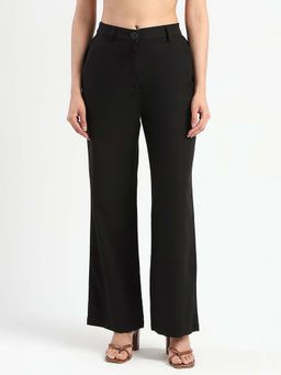 Madame - Women Black Cotton Solid Formal Trouser
