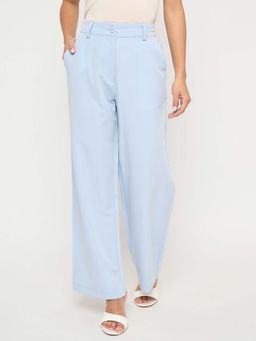 Madame - Women Blue Cotton Solid Formal Trouser