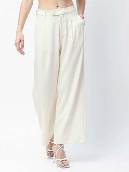 Madame - Women Off White Cotton Solid Formal Trouser