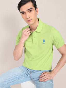U.S. POLO ASSN. - Men Green Embroidered Logo Solid Cotton Polo T-Shirt