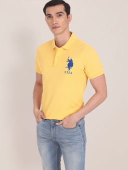 U.S. POLO ASSN. - Men Yellow Solid Compact Cotton Polo T-Shirt