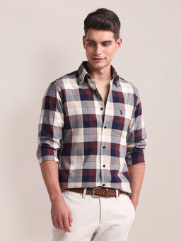 U.S. POLO ASSN. - Herringbone Cotton Checks Casual Shirt Maroon & White