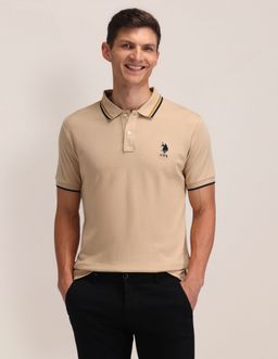 U.S. POLO ASSN. - Mens Beige Solid/Plain Polo T-Shirt