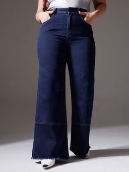 Miss Chase - A+ Curve Collection Plus Size Women's Navy Blue Wide Leg Denim Jeans