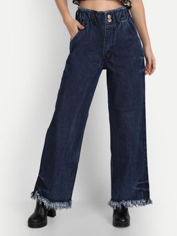 Angelfab - Women Denim Navy Blue Wide High Waist Jeans