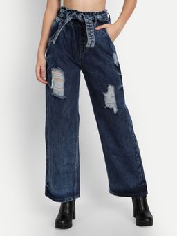 Angelfab - Women Denim Navy Blue Wide High Waist Jeans