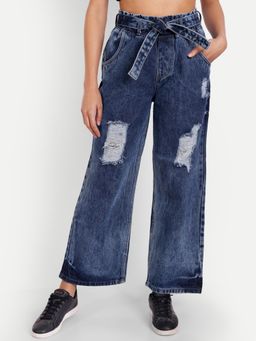 Angelfab - Women Denim Blue Wide High Waist Jeans with Belt (Set of 2)