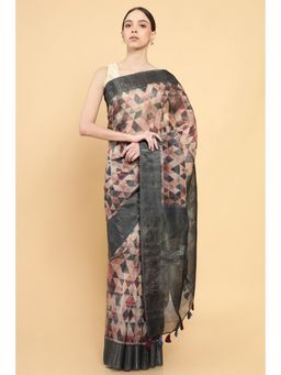 Soch - Women Beige Organza Printed Saree with Stitched Blouse