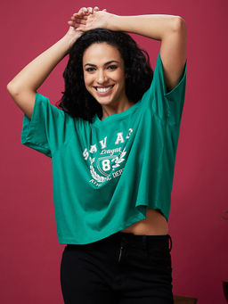Globus - Women Green Typography Print Boxy Drop Shoulder T-shirt