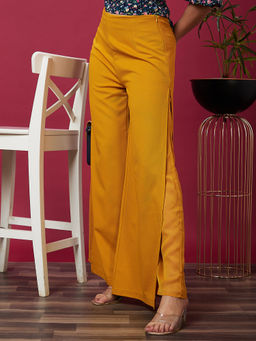 Globus - Women Mustard Solid High-Rise Side Slit Loose Fit Parallel Trousers
