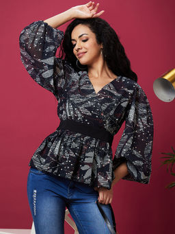 Globus - Women Black Tropical Print Wrap Neck Top