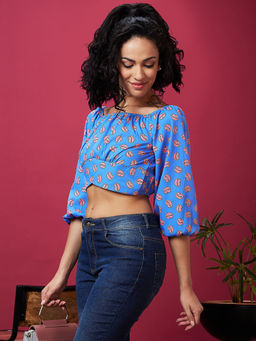 Globus - Women Blue Graphic Print Off Shoulder Crop Top