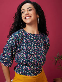 Globus - Women Navy Blue Floral Print Back Bow Tie Up Crop Top