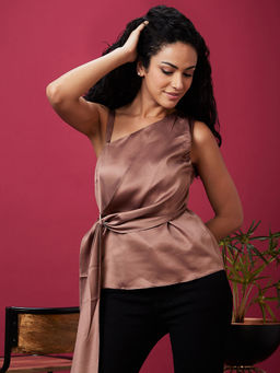 Globus - Women Brown Solid One Shoulder Strap Tie Up Party Top