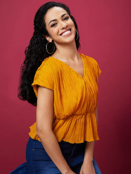 Globus - Women Mustard Solid V-Neck Pleated Party Top