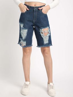 Bene Kleed - Women Slim Fit High-Rise Distressed Denim Shorts