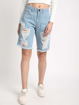 Bene Kleed - Women Slim Fit High-Rise Distressed Denim Shorts