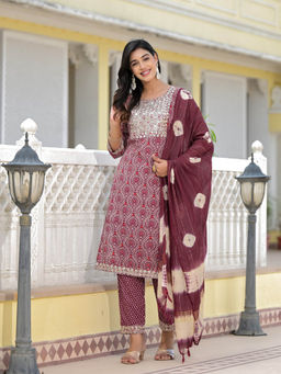 Juniper - Red Ethnic Motif Printed Cotton Kurta with Pant And Dupatta (Set of 3)