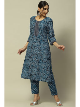 Rangriti - Blue Rayon Straight Kurta with Pants (Set of 2)