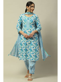 Rangriti - Blue Cambric Straight Kurta with Salwar & Dupatta (Set of 3)