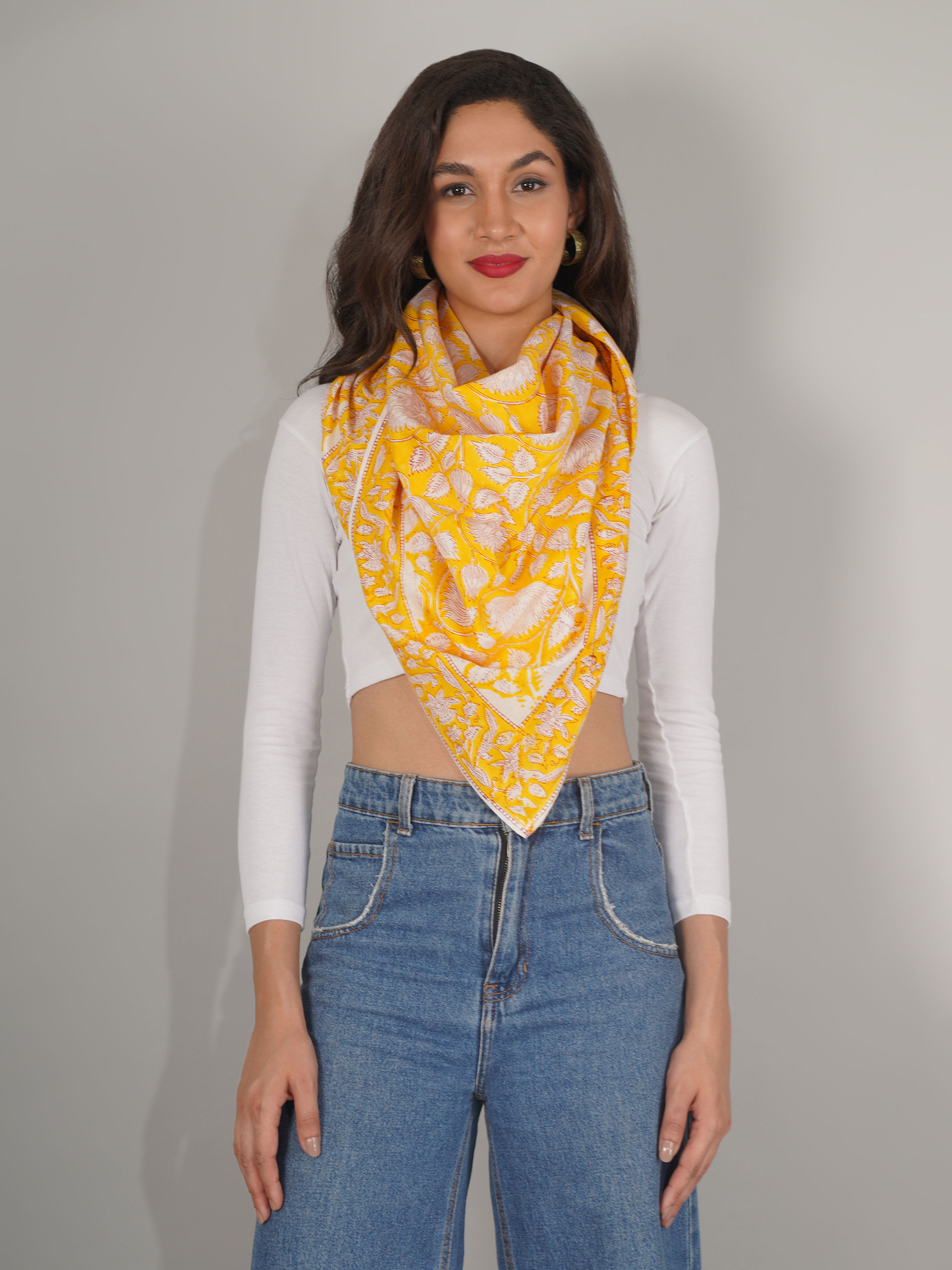 moda chales Yellow Sanganeri Hand Block Printed Pure Cotton Square Scarf-picture-15