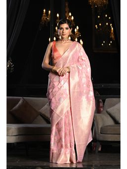 Beatitude - Pink Soft Linen Banarasi Woven Saree with Unstitched Blouse