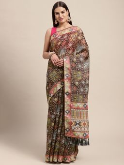 Vastranand - Brown Kalamkari Linen Blend Block Print Saree with Unstitched Blouse