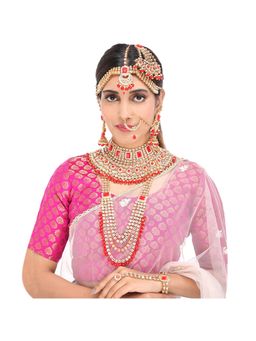 Yellow Chimes - Gold -toned Red Kundan Stone Studded Bridal Jewellery Set