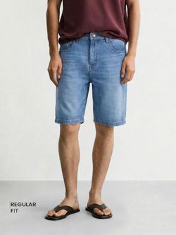 The Indian Garage Co - Blue Regular Fit Solid Mid-Rise Denim Shorts