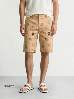 The Indian Garage Co - Brown Slim Fit Doodle Printed Mid-Rise Chino Shorts