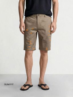 The Indian Garage Co - Grey Slim Fit Doodle Printed Mid-Rise Chino Shorts