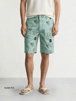 The Indian Garage Co - Green Slim Fit Doodle Printed Mid-Rise Chino Shorts