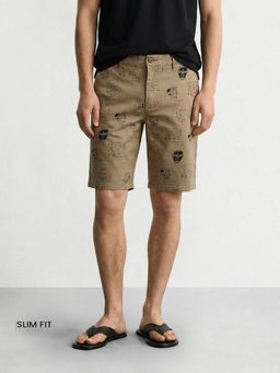 The Indian Garage Co - Brown Slim Fit Doodle Printed Mid-Rise Chino Shorts