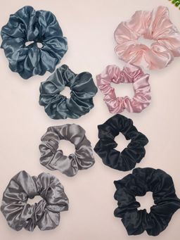 OOMPH - Combo of 8 Black, Pink and Grey Satin Silk Scrunchy Hair Tie