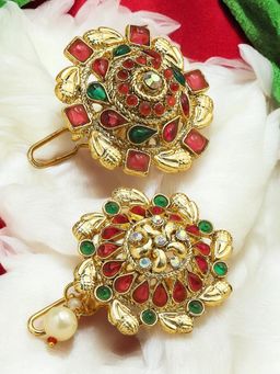 OOMPH - Combo of 2 Red Maroon and Green Stones Ethnic Hair Bun Pin - Juda Pin | Floral