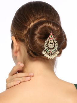 OOMPH - Gold Tone Ethnic Hair Bun Pin - Juda Pin - Jadau Floral Design for Women and Girls