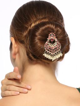 OOMPH - Gold Tone Ethnic Hair Bun Pin - Juda Pin - Jadau Floral Design for Women and Girls