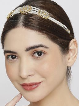 OOMPH - Gold Tone Kundan and Pearls Floral Multi Layer Ethnic Jadau Hair Chain / Hair Band
