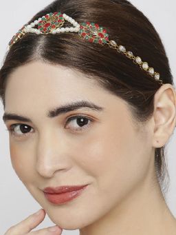 OOMPH - Gold Tone Green and Red Kundan and Pearls Ethnic Jadau Hair Chain / Hair Band