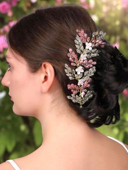 OOMPH - Pink Crystal Floral Bridal Hair Vine Tiaras - For Wedding