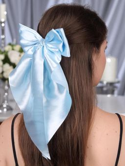 OOMPH - Powder Blue Satin Double Long Bow Flat Hair Clip for Women