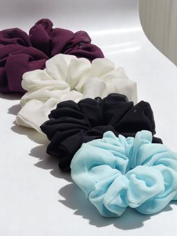 OOMPH - Combo of 4 Georgette Scrunchy - Black, Blue, White and Wine