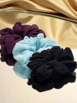 OOMPH - Combo of 3 Georgette Scrunchy - Black, Blue and Wine