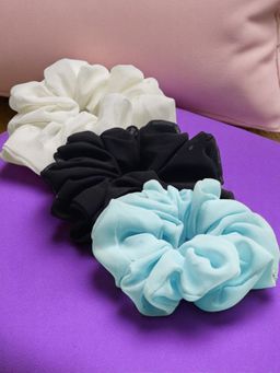 OOMPH - Combo of 3 Georgette Scrunchy - Black, Blue and White